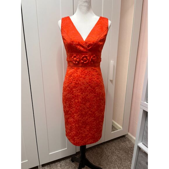 Ellen Tracy Jacquard Floral Orange V-neck Sleeveless Sheath Dress Size Small - Picture 6 of 14